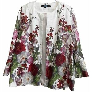 Eva Franco Anthropologie Rose Linen Blazer Cardigan Size M Floral Open